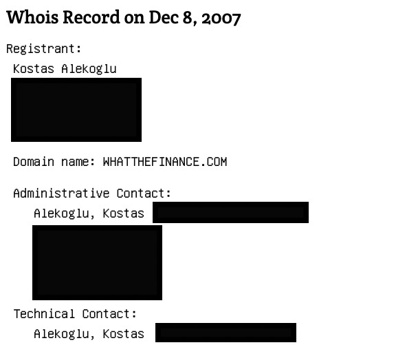 whois record for whatthefinance showing it was registered by Kostas Alekoglu